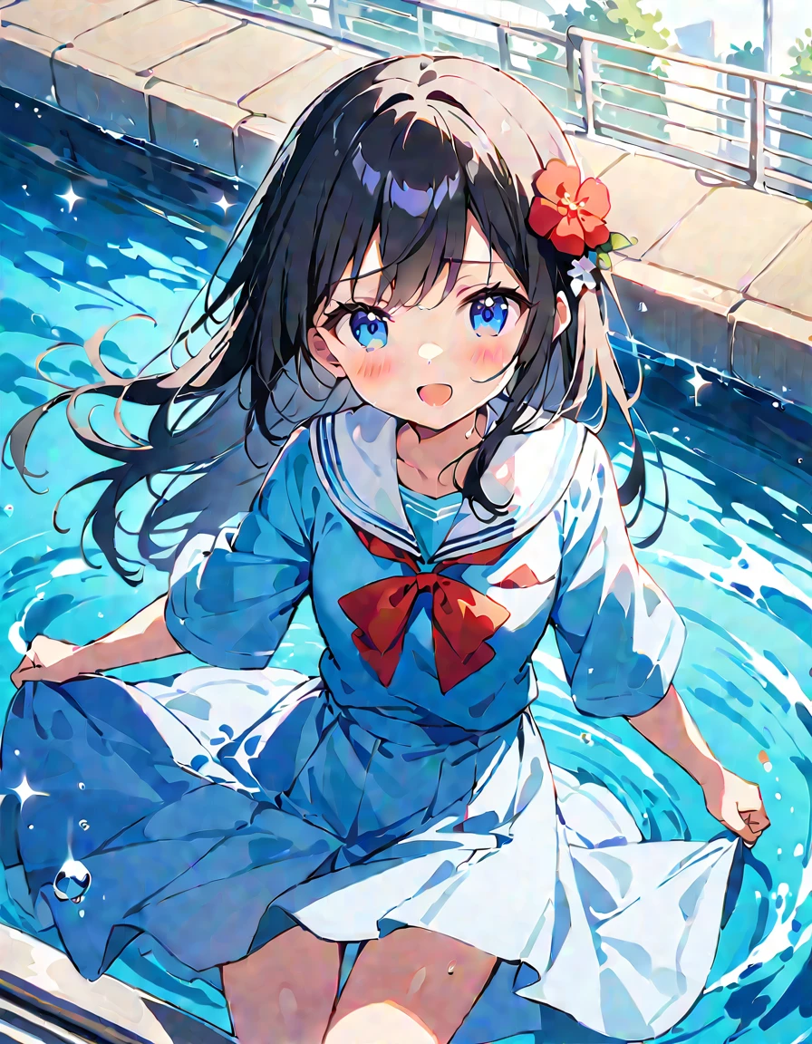 score_9, score_8_up, score_7_up, source_アニメ, masterpiece, 1girl, watahana, blue eyes, hair ornament, hair flower, school outfit, blue dress, sailor dress, white sailor collar, red bow, outdoor, school yard, field, cowboy shot, looking at viewer, indoors, open mouth, Black Hair、Shiny Hair, Highest quality、A girl is enjoying playing in the water、A splash goes up、Skirt fully open、Long wide skirt、cute、White underwear、blush、Watery eye、Lots of water、Wet、((Wind power increase))、The skirt floats on the water、(drowning water)、(Underwater Shot Of The Swimming pool)、sunlight reflects on the water surface, Make it sparkle