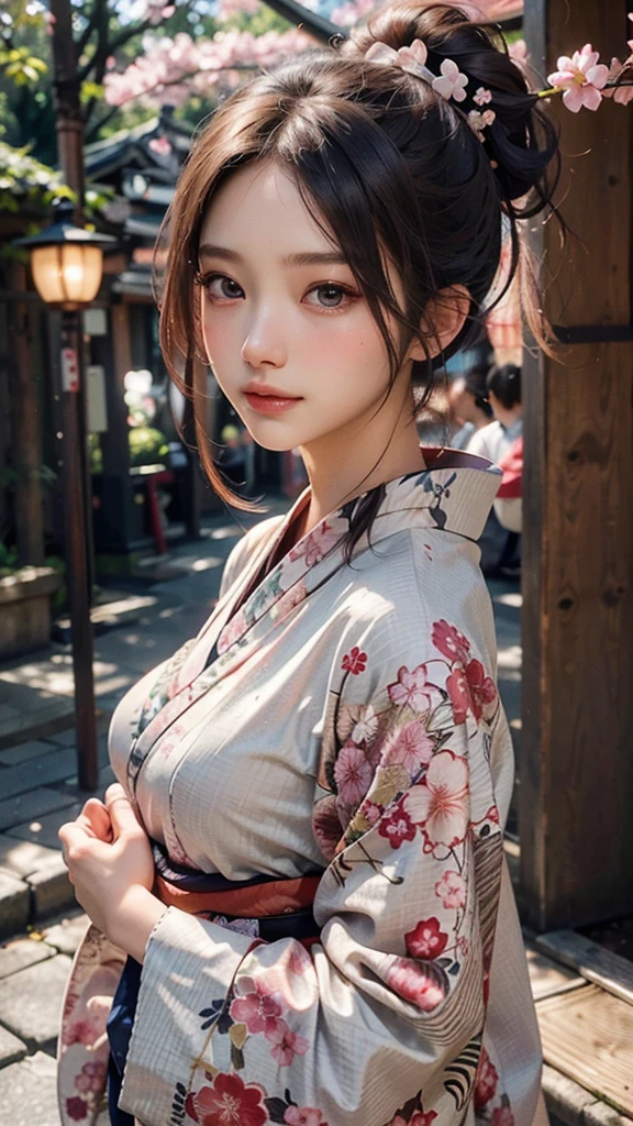 (Japan kimono with cherry blossom pattern:1.3), symmetrical, Compositions with coloful geometric arabesque patternun hair, dark brown hari), (top-quality, Photorealsitic:1.4, RAW Photography:1.2, cinematric light, very detailed illustration), (1woman:1.3, solo), (asian girl, ultra delicate face, ultra Beautiful fece, ultra delicate eyes, ultra detailed nouse, ultra detailed mouth, ultra detailed facial features),  woman, (midium breast:1.3), from the front side, skiny, lipgloss, a smile, full body view, high detailed, high resolution, 8k, masterpiece 2:1, skin glow, radiant skin, young girl, falling sakura flowers