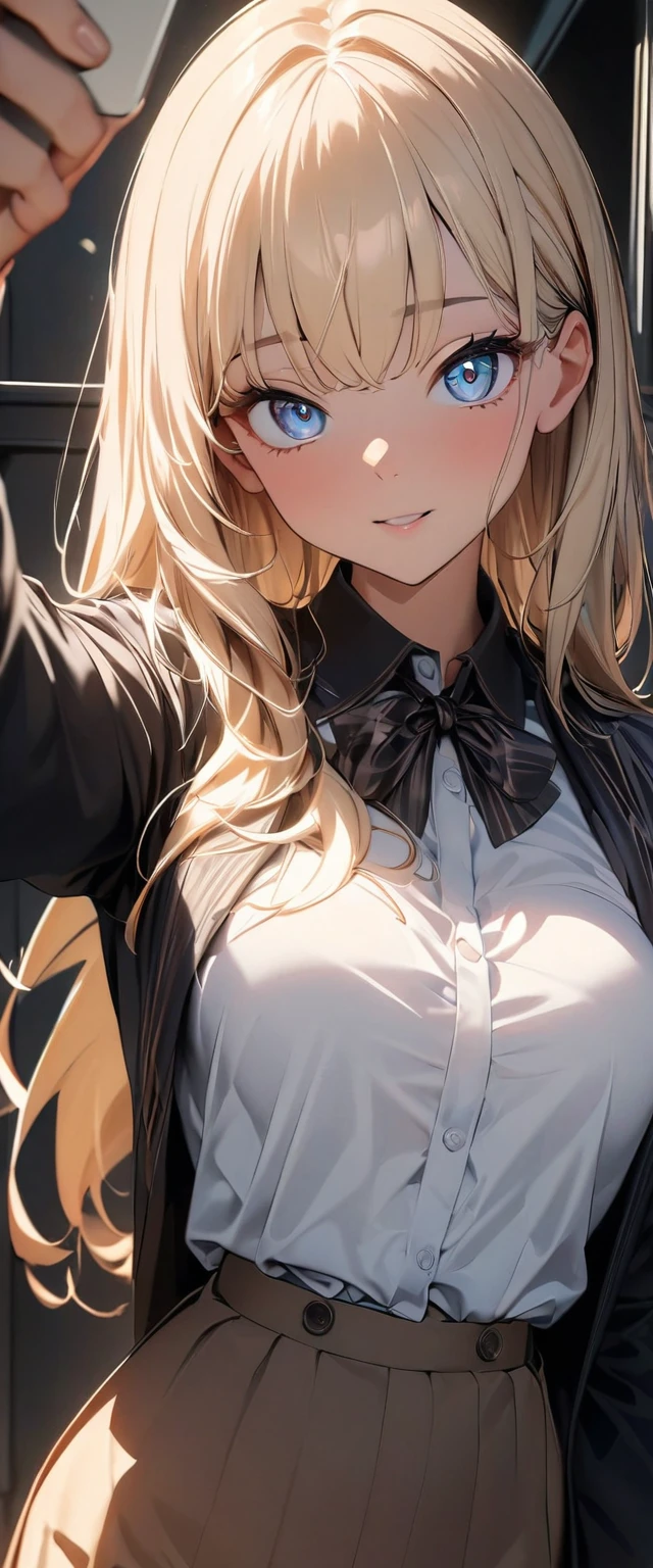 (high quality, 8k, 4K, High Contrast, masterpiece:1.2, 最high quality, Best aesthetics), 1 Female, (Real skin texture:1.3), (Film Grain:1.3), (Selfie angle, High angle), One girl, Beautiful and detailed eyes and face, 最high quality, close, Upper Body,