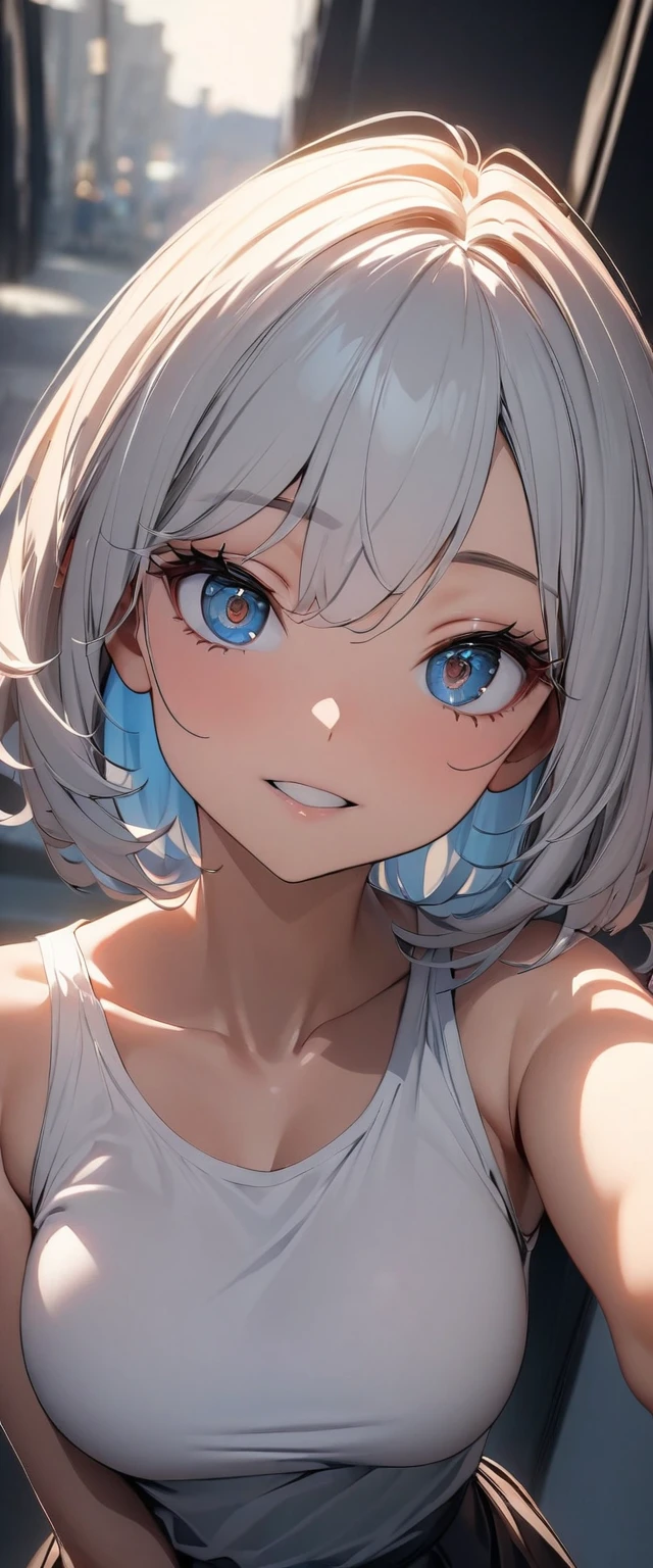 (high quality, 8k, 4K, High Contrast, masterpiece:1.2, 最high quality, Best aesthetics), 1 Female, (Real skin texture:1.3), (Film Grain:1.3), (Selfie angle, High angle), One girl, Beautiful and detailed eyes and face, 最high quality, close, Upper Body,