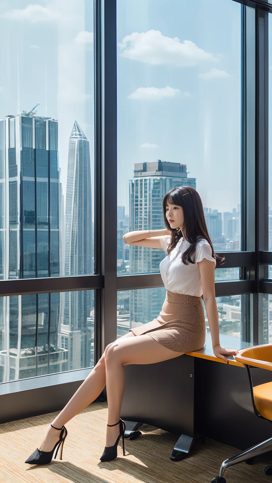 Highest quality、Conference room on the top floor of a high-rise building、OL Soule、mini skirt、CHANELWind、Byheel、Put your hands on the window and stick your butt out、Pose to invite a man、Beautiful legs、Sitting in a chair、Panty shot
