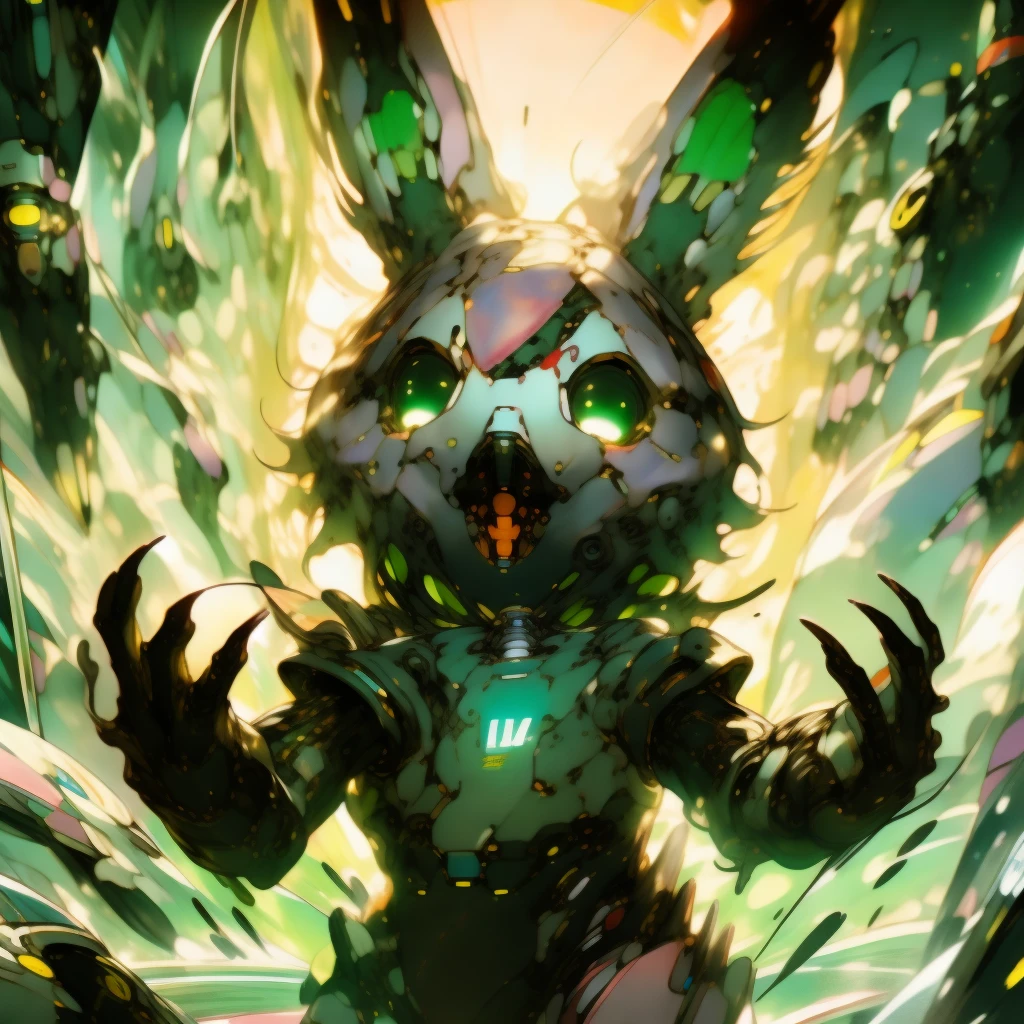 high quality, 4k, masterpiece, beautiful, cyborg girl, cowboy shot, dull eyes, looking at viewer, long blonde hair, girl, small , fit thigh, robotic arms, robotic body, cyborg body, yellow accent, intricate detail, joint, detailed lines, robotic detail, holding fist up, holding hand up as fist, color robotic parts, robotic parts with color, perfect fingers, on a desert planet, sunny background, colorful desert,