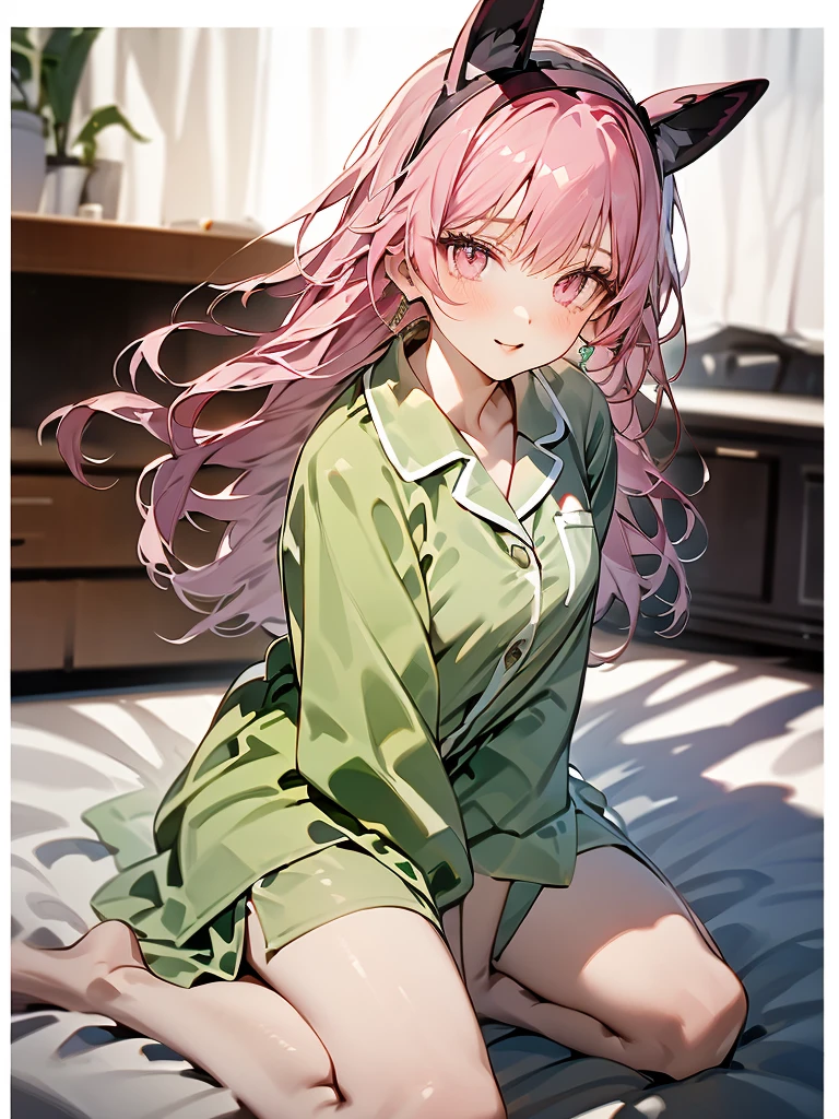 Highest image quality,top quality,1girl,20 years old,long hair,pink hair,fake animal ears,pajamas,wariza,sunset,on sofa,at living room