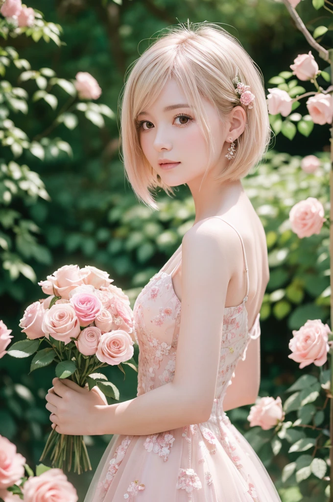 8K, RAW Photos, Fujifilm, Avril-like style photo of a beautiful young woman in a garden of pale pink roses (Highly detailed skin: 1.2) Style Petal Break Short Hair, Blonde and colored hair, Wearing a dress, Film Granulation, 35mm, Cute Style