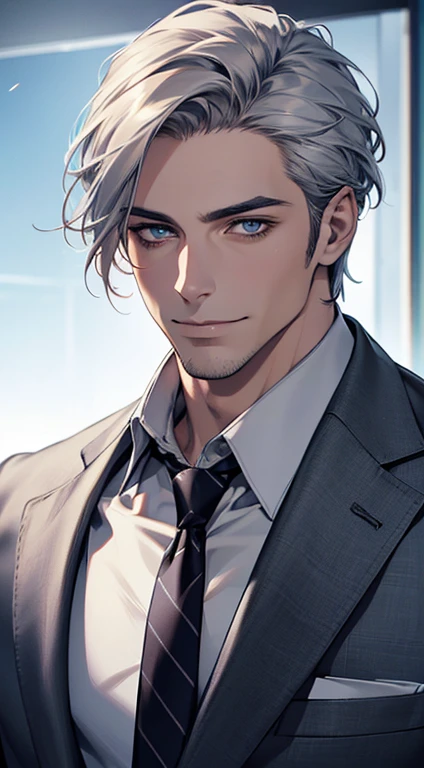 (best quality,4k,8k,highres,masterpiece:1.2),ultra-detailed,(realistic,photorealistic,photo-realistic:1.37),1 man,31 years old,mature man,very handsome,without expression,smile,short grey silver hair,blue eyes,penetrating gaze,perfect face without errors,imposing posture,businessman,office background,cinematic lighting,hdr image