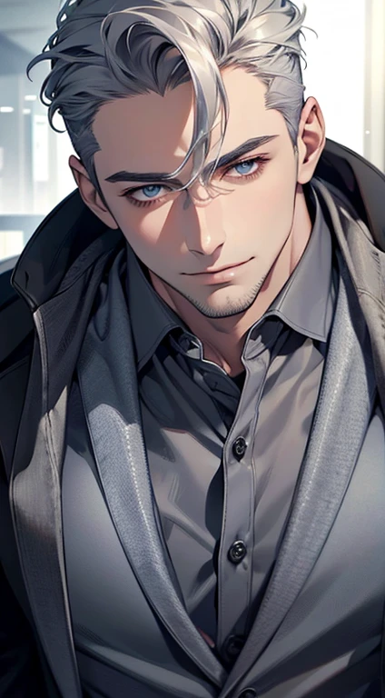 (best quality,4k,8k,highres,masterpiece:1.2),ultra-detailed,(realistic,photorealistic,photo-realistic:1.37),1 man,31 years old,mature man,very handsome,without expression,smile,short grey silver hair,blue eyes,penetrating gaze,perfect face without errors,imposing posture,businessman,office background,cinematic lighting,hdr image