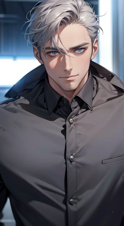 (best quality,4k,8k,highres,masterpiece:1.2),ultra-detailed,(realistic,photorealistic,photo-realistic:1.37),1 man,31 years old,mature man,very handsome,without expression,smile,short grey silver hair,blue eyes,penetrating gaze,perfect face without errors,imposing posture,businessman,office background,cinematic lighting,hdr image