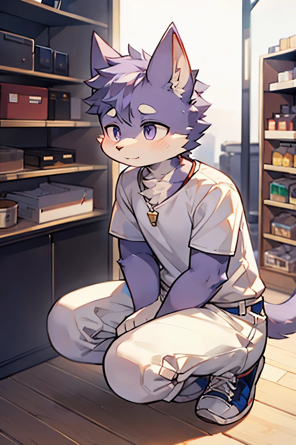Exquisite lines,best quality,male,youth,Light purple fur,Cat Orc,Light purple cat tail,White short sleeves,White pants,White shoes,Purple pupils,Background supermarket,Squatting and selecting products