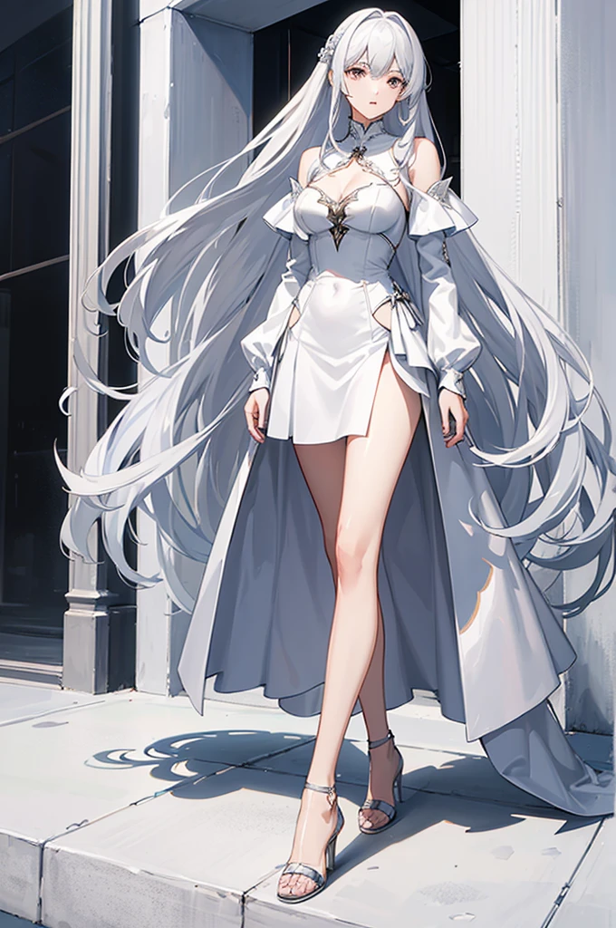 1woman, tall, silver hair, white dress, standing on ground, high res, ultra sharp, 8K, masterpiece