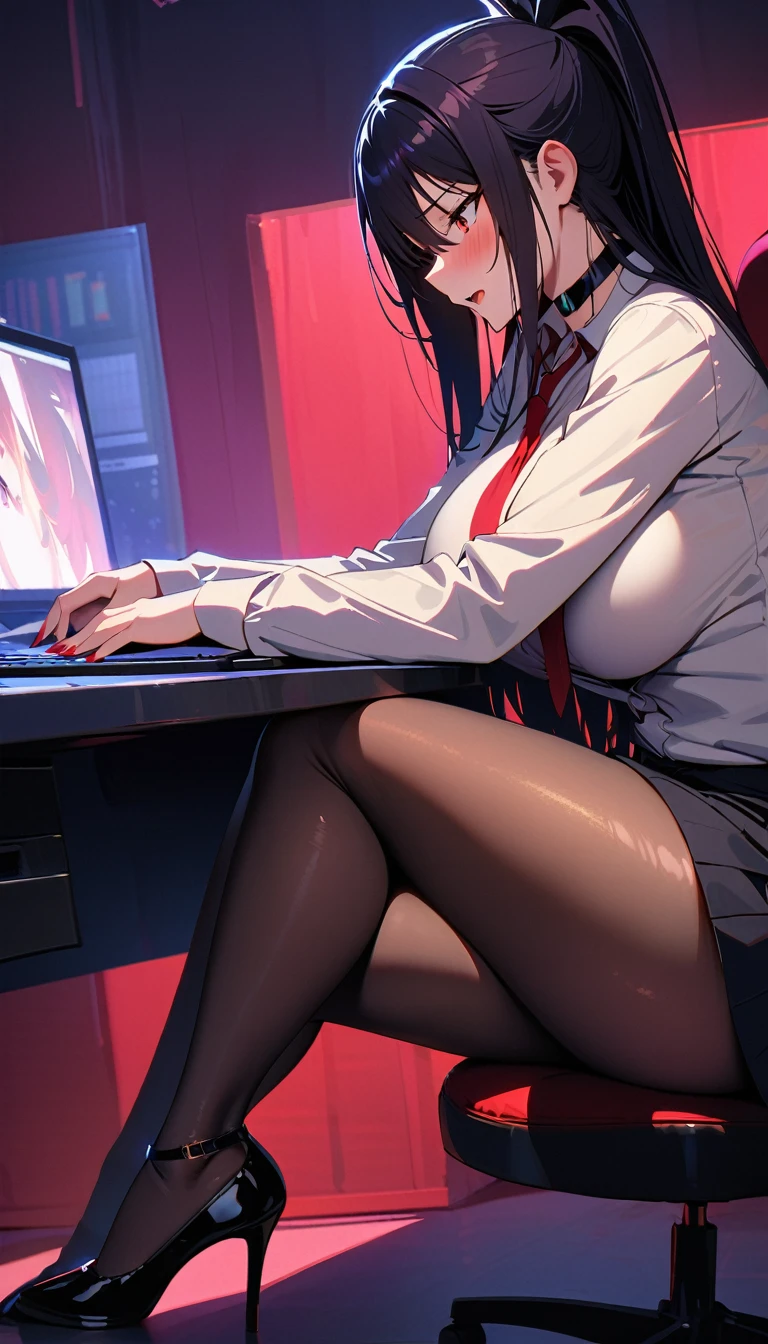 akeno,fullbody, perfect body, detailed face, detailed eyes,sexy,high res,high quality, masterpiece, office uniform,sitting on office chair, office,very sexy,large breasts,black shining heels,open mouth, embarrassed ,blush,top quality,(best quality,4k,8k,highres,masterpiece:1.2),ultra-detailed,portrait, erotic, sensual, voluptuous, glowing skin, detailed facial features, alluring gaze, cinematic lighting, rich colors, dramatic shadows,red nails,look from high, side view,sexy,look from side,black skirt,black pantyhose,white shirt,black jacket,red tie, choker , looking from high, elegant, elegantly sitting,sfw,sits by the office table,look from top,photo at an angle,look from side, detailed heels, working, looking at her table,working on computer, looking at computer ,porno on computer ,watching porno, watching at nude girls,horny, whorehouse background 