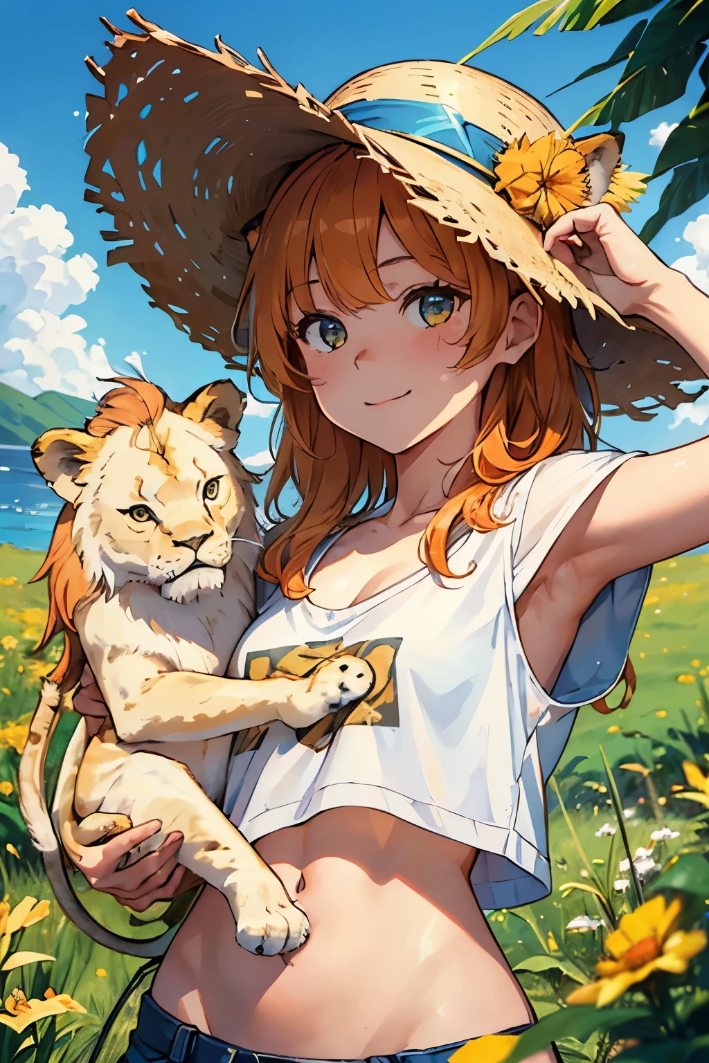 high resolution,high quality,Perfect body,perfect face,wilderness,広いwilderness,Blue sky,White cloud,Clear skies,One Lion,Little lion,(A girl holding a little lion:1.5),Medium Hair,Orange Hair,Sunburned skin,Straw hat,smile,Yellow T-shirt,フルボディー