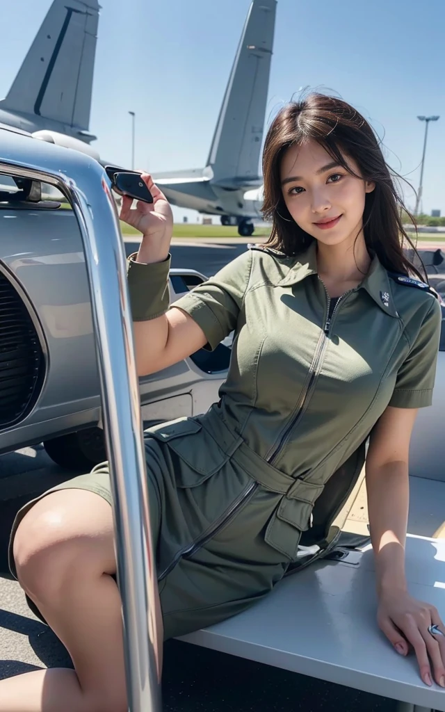 Ultra-high resolution,,超清detail (real, Photo real: 1.37),full-body shot,20 years old, Korean beauty, pouring, Smile, Large target, Shining eyes, Large target breasts are a shy smile, Not suitable for working hours (Nsw) (Nsw) (Nsw) (Nsw) (Nsw),(8K, original photo, Top quality, masterpiece: 1.2), masterpiece, Ultra detailed, HD RAW color photography, Very refined, Very detailed, 8K wallpaper, amazing, detail, Very detailed eyes, Super delicate skin, Extremely delicate fingers, Very detailed的鼻子, 嘴巴detail非常丰富, Perfect Anatomy,Ultra-detailed and complex facial 3D rendering,Large target breasts,Air Force pilot,s,Pilot helmet,Fighter pilot,Air Force Flight Suit,(Airport),(飞Airport),Cute face,big eyes,White skin