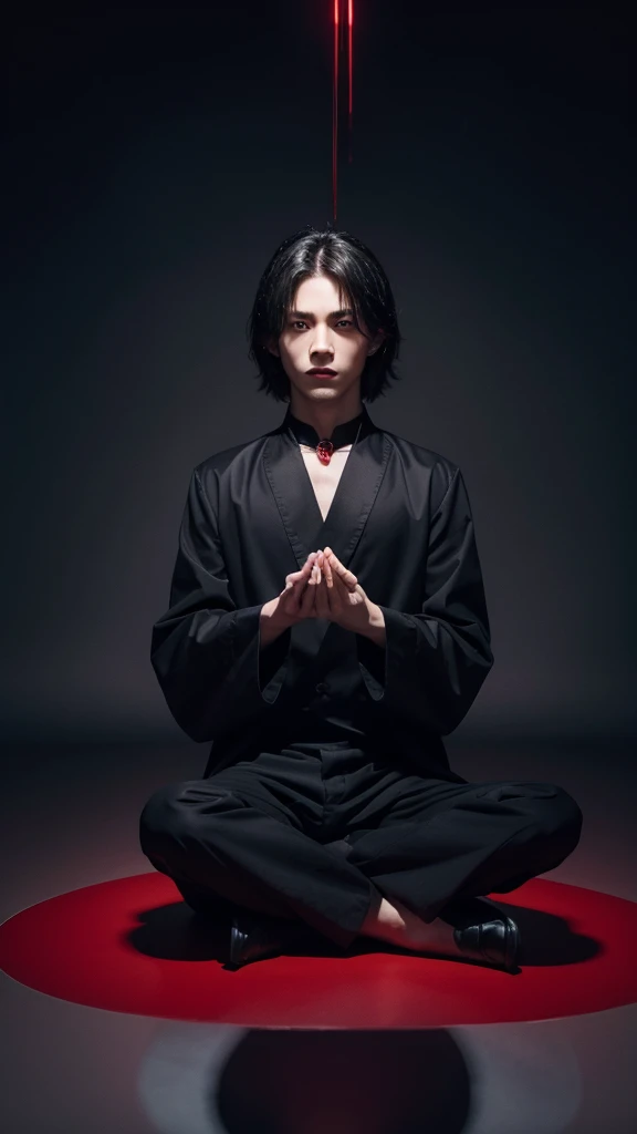 Male magician、Look down、Red eyes、Black clothes、sitting cross-legged、Floating in the air。meditation、