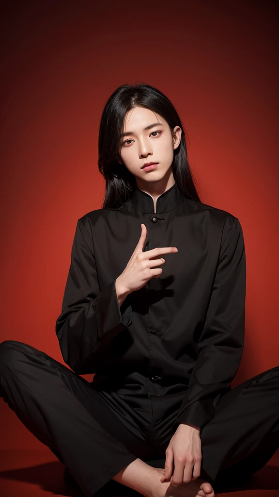 Male magician、Look down、Red eyes、Black clothes、sitting cross-legged、Floating in the air。meditation、