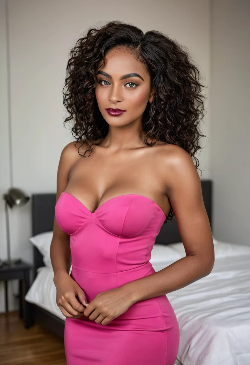 Completely Arafed woman with green eyes, wearing a pink dress in her room. Beautiful pink dress. Full-length photo of woman in pink dress. beautiful young black woman with dark skin, black Brazilian mixed race, beautiful 30 year old Afro-Latina girl, beautiful African and Latina, Brazilian and Angolan descent, a black woman, mixing African and indigenous features, a unique mix of indigenous, African and European ebony . The hair is extremely curly, with well-defined and voluminous curls. The natural texture. Her hair is long, falling in voluminous waves around her shoulders and down her back. The hair has a lot of volume, creating a full, dense appearance. The hair is black. green eyes, eye is green, green and expressive eyes, beautiful green eyes, realistic green eyes, detailed green eyes (eyeliner, long eyelashes). Perfect eyebrows and are thick. the nose is small and proportional, beautiful face. Attractive and irresistible mouth, well-defined lips, full lips, voluminous lips, seductive lips. The face is oval, with high cheekbones and a well-defined chin, a beautiful and detailed face. Professional, dramatic makeup, a more impactful look with shadows that accentuate the captivating look, Striking makeup, with eyeliner, black lipstick. Skin tone: Olive skin, healthy and with uniform shine, with olive skin, dark skin, sexy girl with skin brunette, detailed skin texture, beautiful and glowing skin, intricate details, smooth skin, healthy and radiant appearance. A woman has a well-defined and athletic body. Her silhouette is shapely, highlighting a thin waist in contrast to fuller hips and bust. She has a prominent bust, with large, firm breasts, silicone breasts, voluminous breasts. Thin waist. The hips are wide and well-defined, with a pronounced hourglass shape and a large butt. The legs are long and muscular, with well-defined thighs. 50 mm lens, f/2.8, hdr, (8K) RAW photo, high quality resolution 8K uhd, dslr, 2k, 4K, 8K, 16K.