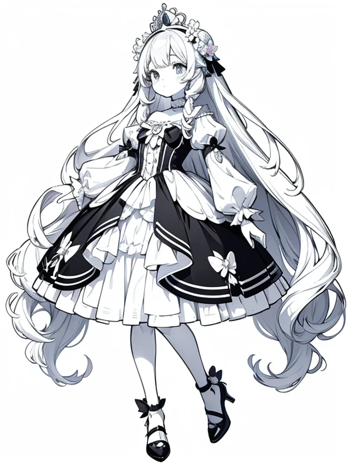 a coloring book page, cute anime girl surrounded with flowers, wearing a princess dress, princess crystal crown, crystal heels, marie antoinette dress, black and white, simple and minimal, perfect shapes, only lineart, no gray or shades, complete body, white background
