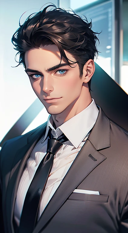 (best quality,4k,8k,highres,masterpiece:1.2),ultra-detailed,(realistic,photorealistic,photo-realistic:1.37),1 man,31 years old,mature man,very handsome,without expression,smile,short grey black hair,blue eyes,penetrating gaze,perfect face without errors,imposing posture,businessman,office background,cinematic lighting,hdr image