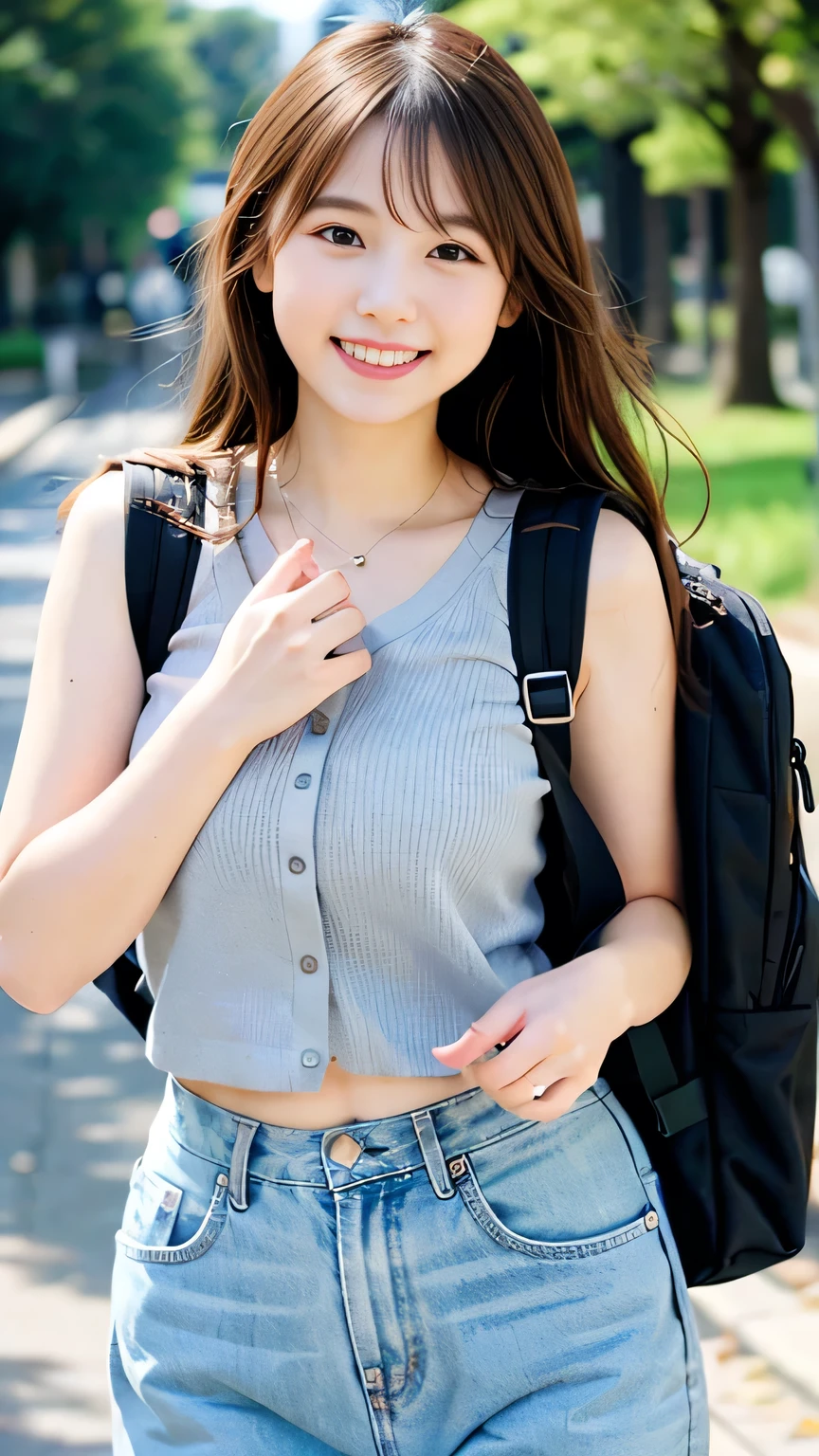 8K、Best image quality、smile、masterpiece、spring、Short strokes、Small breasts、A refreshing smile、Female college student、Dimples、New dresses for spring、Clear system、 to university、backsack