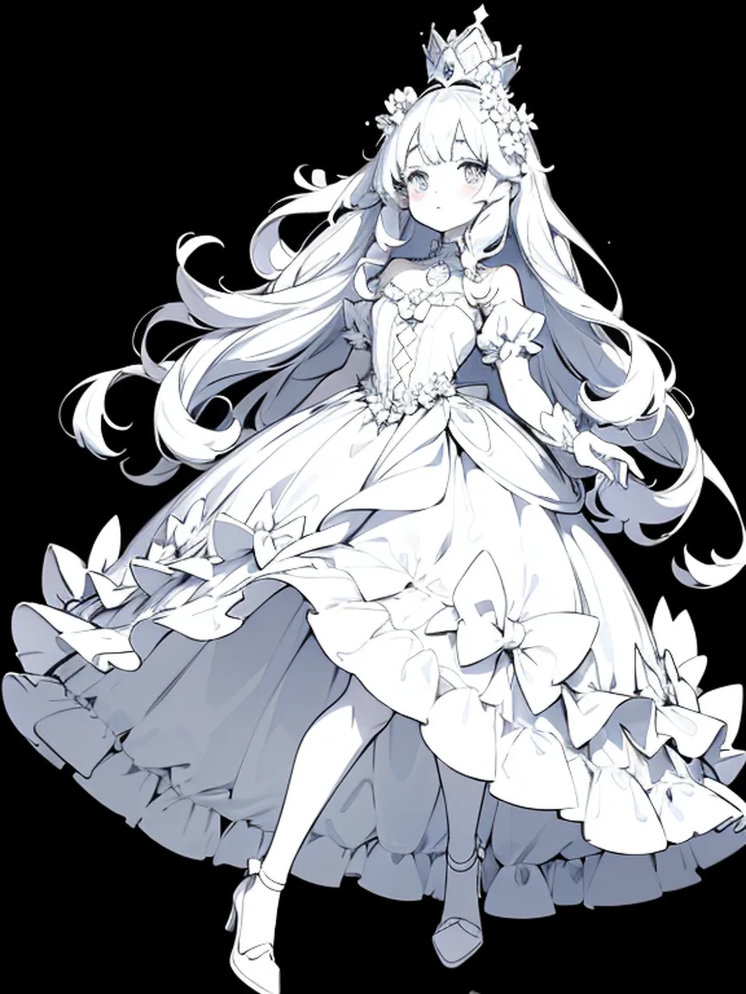 a coloring book page, cute anime girl surrounded with flowers, wearing a princess dress, princess crystal crown, crystal heels, marie antoinette dress, black and white, simple and minimal, perfect shapes, only lineart, no gray or shades, complete body, white background