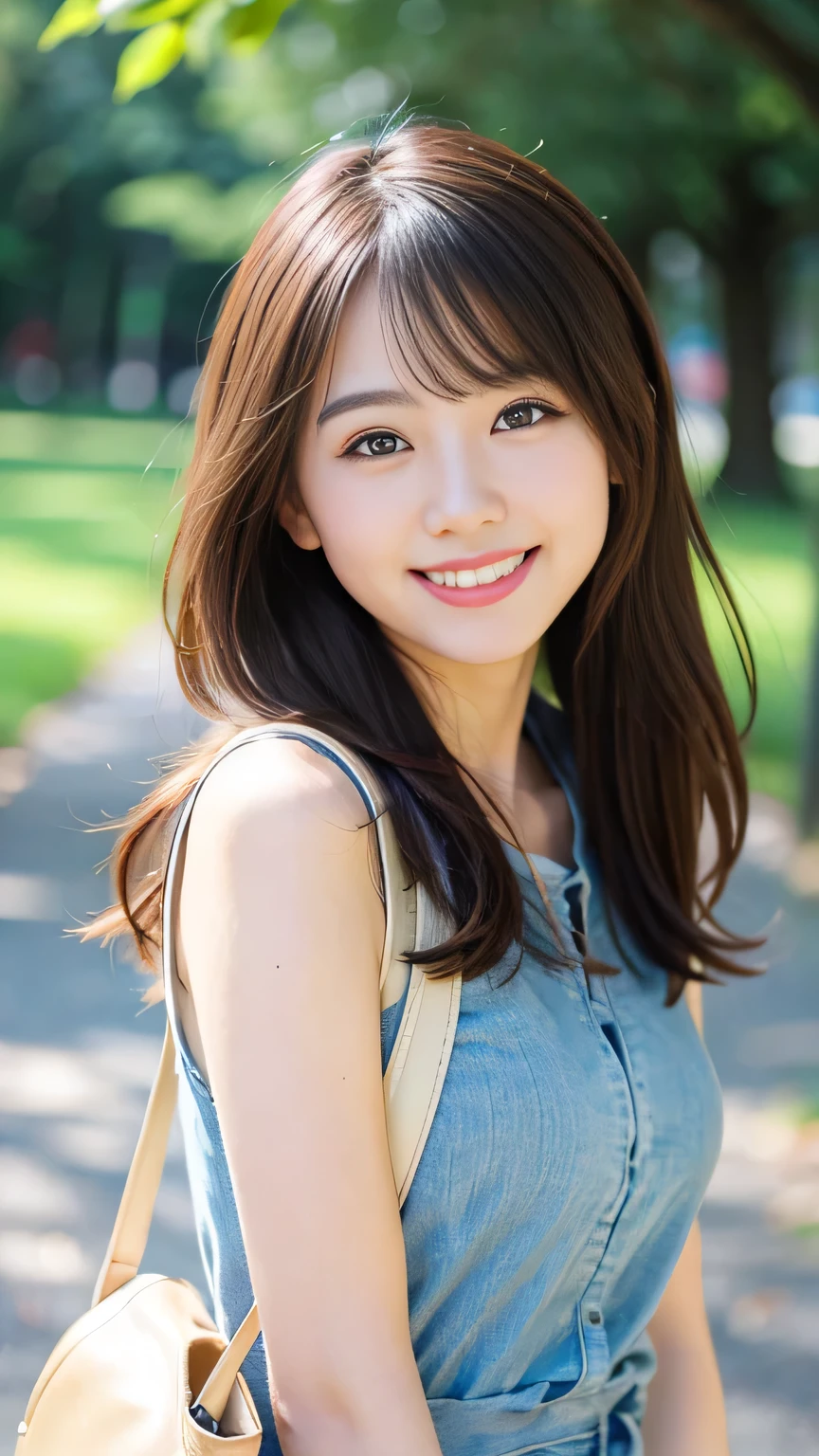 8K、Best image quality、smile、masterpiece、spring、Short strokes、Small breasts、A refreshing smile、Female college student、Dimples、New dresses for spring、Clear system、 to university、backsack
