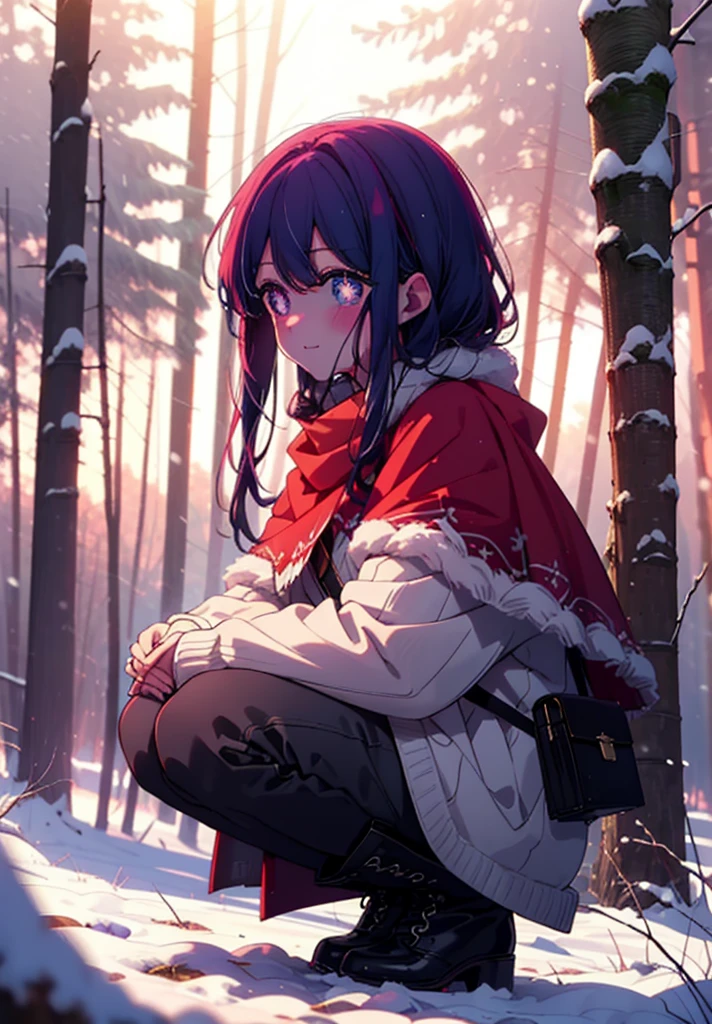 aihoshino, Ai Hoshino, Long Hair, bangs, (Purple eyes:1.1), Purple Hair, (Symbol-shaped pupil:1.5), smile,,smile,blush,White Breath,
Open your mouth,snow,Ground bonfire, Outdoor, boots, snowing, From the side, wood, suitcase, Cape, Blurred, , forest, White handbag, nature,  Squat, Mouth closed, Cape, winter, Written boundary depth, Black shoes, red Cape break looking at viewer, Upper Body, whole body, break Outdoor, forest, nature, break (masterpiece:1.2), Highest quality, High resolution, unity 8k wallpaper, (shape:0.8), (Beautiful and beautiful eyes:1.6), Highly detailed face, Perfect lighting, Extremely detailed CG, (Perfect hands, Perfect Anatomy),
