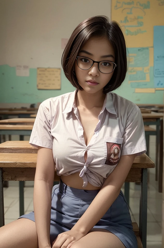 (RAW, Best quality, high resolution, masterpiece: 1.3, Realistic), Beautiful young java woman, 1girl, seductive pose, short bob cut hair, sitting, sensual body, big breasts, shirt, cleavage, ((At the table class room)), ((whole body)) turning away facial at viewer, closeup, chalk board, glasses