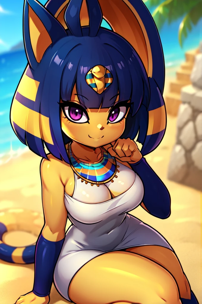 absurdres, highres, ultra detailed, ankha, solo, catgirl, big breasts, blue hair, hair ornament, yellow skin, purple eyes, white dress, sitting, looking at viewer, outdoors, sand, egyptian, smiling