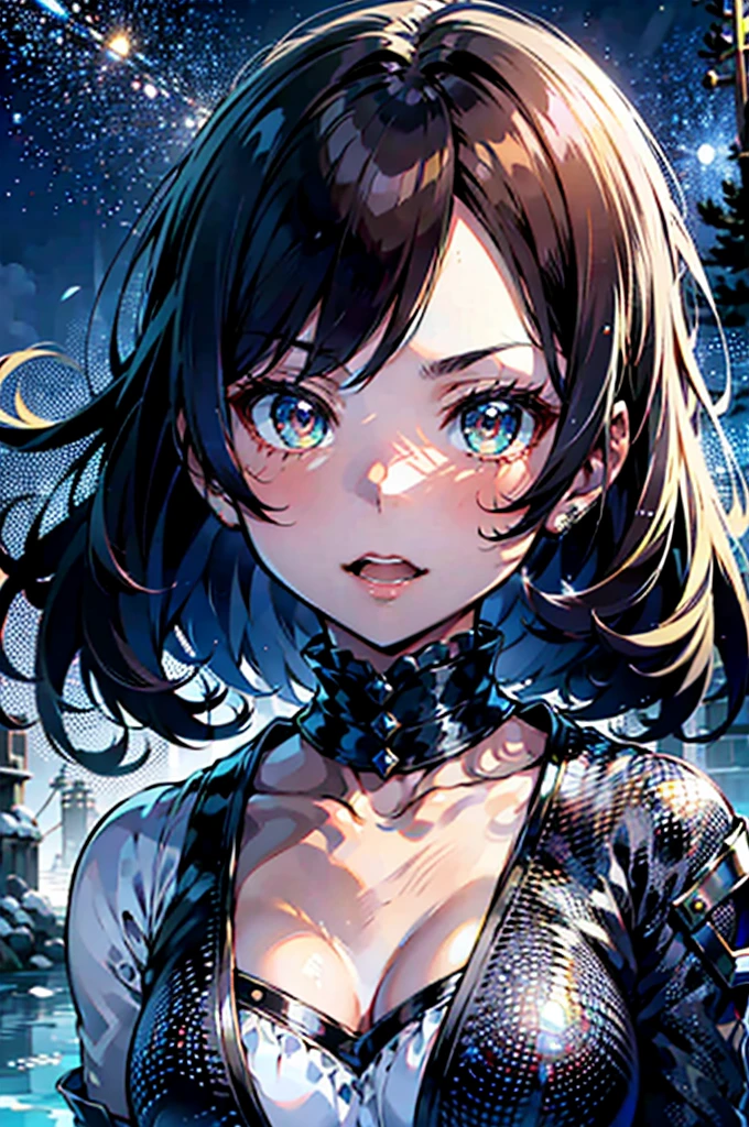 Elara stands at an average height, her slender yet toned frame encased in an ornate black and silver dragon-scale armor that gleams with a faint blue luminescence from the Gem of eternal ice. Her black hair falls in soft waves to shoulder length, typically tied in a high ponytail during journeys, allowing a few loose strands to frame her sculpted face. Her deep green eyes, bright and expressive, stand out against her delicate features and defined jawline, which is partially covered by the high collar of her armor. The armor itself is intricately designed, with dragon scales layered meticulously to provide both flexibility and formidable protection. The chest piece, adorned with runic engravings and the embedded Gema de Gelo Eterno, glows with a soft, icy light, symbolizing her control over the element of ice. Her shoulders and arms are protected by scaled pauldrons and vambraces, each piece etched with patterns reminiscent of dragon wings and fire motifs, now tinged with frost. Her legs are guarded by similarly crafted greaves, allowing for agile movement while offering robust defense. The boots are reinforced with metal tips and dragon scales, providing both durability and traction. At her back, a dark cloak with silver accents flows gracefully, adding to her regal and imposing presence. Elara’s hands grip a bow that has been reforged with the essence of Nargoth, its once plain wood now replaced with blackened steel and icy blue accents, mirroring her armor. The bowstring itself seems to shimmer with a mystical energy, capable of launching arrows imbued with both fire and ice. Overall, Elara’s appearance exudes a blend of fierce warrior strength and ethereal, almost otherworldly beauty, perfectly reflecting her evolution as a formidable archer and ice-wielder.