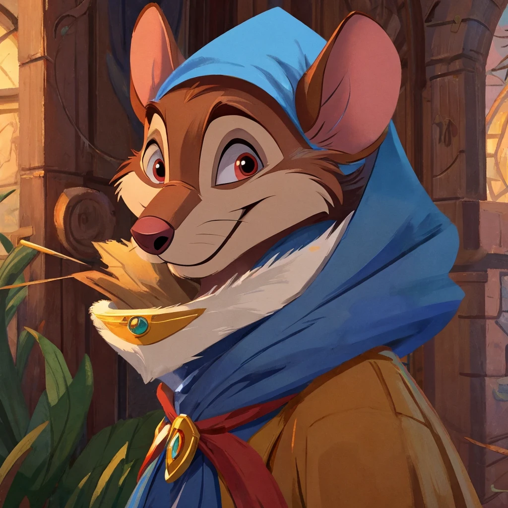 there is a cartoon mouse with a light blue cape on, golden brooch on cape, anthropomorphic mouse, disney stylized furry, redwall, disney weta portrait, pink hands, gray fur, bandit mask patter on face, red iris, white sclera, mischievous smile, art in the style of disney, beautiful mouse - girl, inspired by Don Bluth, in style of disney animation, inspired by Johannes Helgeson, adorable digital painting, disney concept art, closeup character portrait, digitally painted