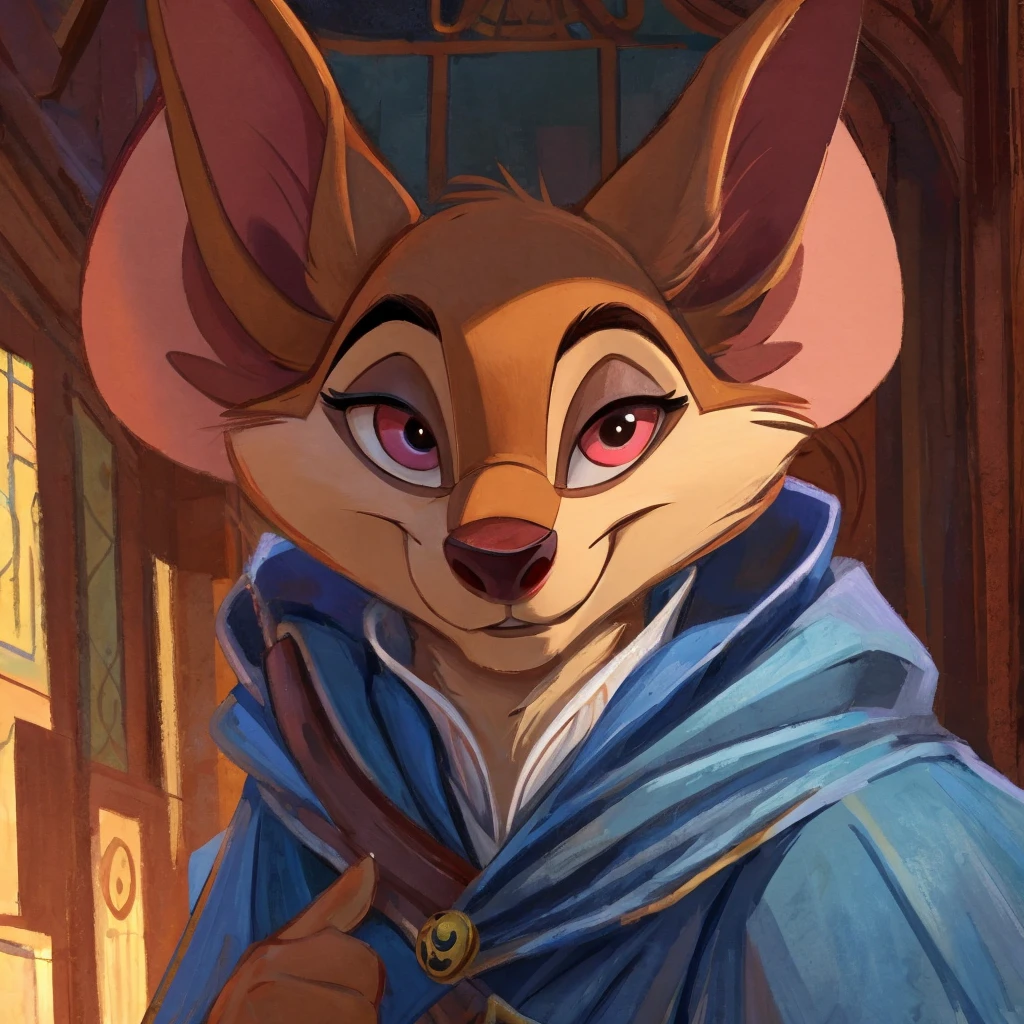 there is a cartoon mouse with a light blue cape on, golden brooch on cape, anthropomorphic mouse, disney stylized furry, redwall, disney weta portrait, pink hands, gray fur, bandit mask patter on face, red iris, white sclera, mischievous smile, art in the style of disney, beautiful mouse - girl, inspired by Don Bluth, in style of disney animation, inspired by Johannes Helgeson, adorable digital painting, disney concept art, closeup character portrait, digitally painted