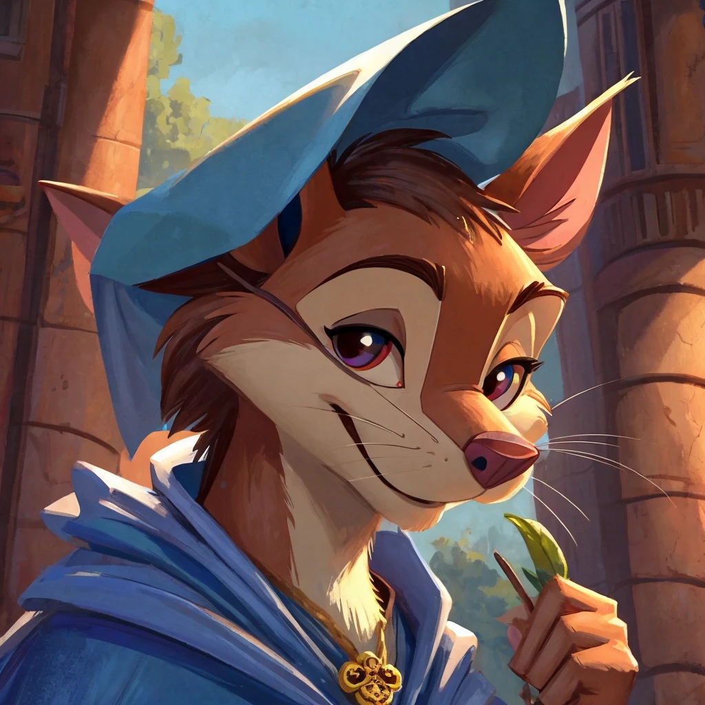 there is a cartoon mouse with a light blue cape on, golden brooch on cape, anthropomorphic mouse, disney stylized furry, redwall, disney weta portrait, pink hands, gray fur, bandit mask patter on face, red iris, white sclera, mischievous smile, art in the style of disney, beautiful mouse - girl, inspired by Don Bluth, in style of disney animation, inspired by Johannes Helgeson, adorable digital painting, disney concept art, closeup character portrait, digitally painted