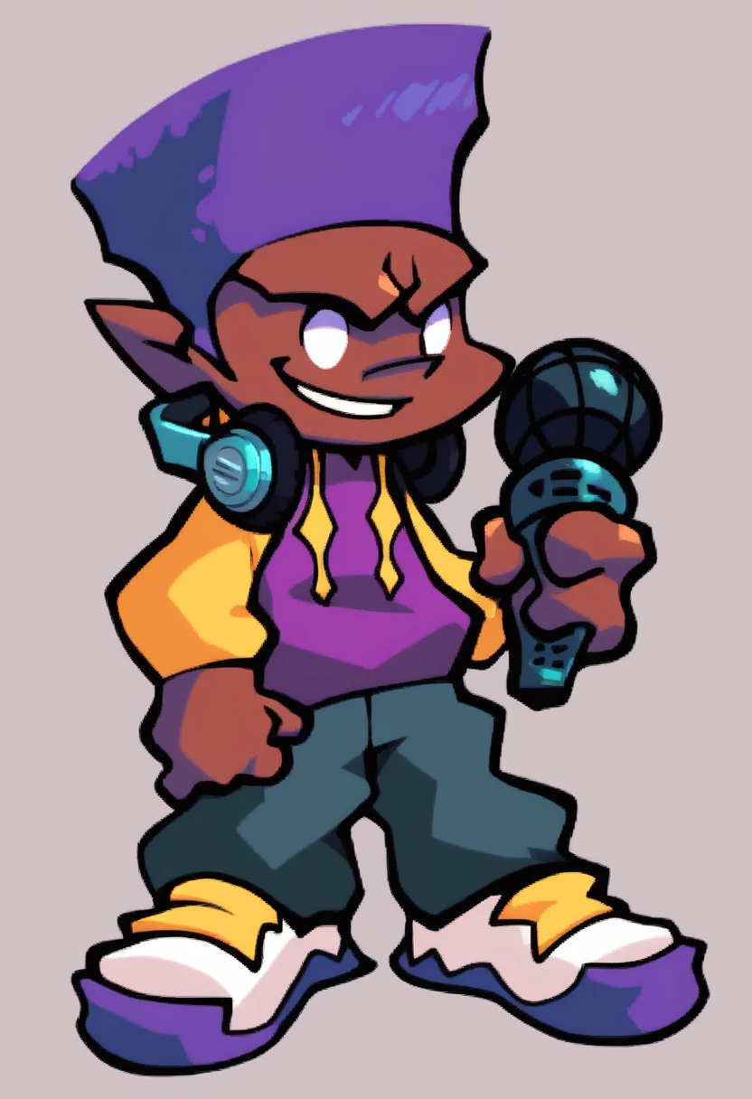 darnell, solo, smile, simple background, 1boy, holding, standing, full body, male focus, shoes, pointy ears, pants, headphones, white footwear, microphone, purple headwear, headphones around neck, dark skinned