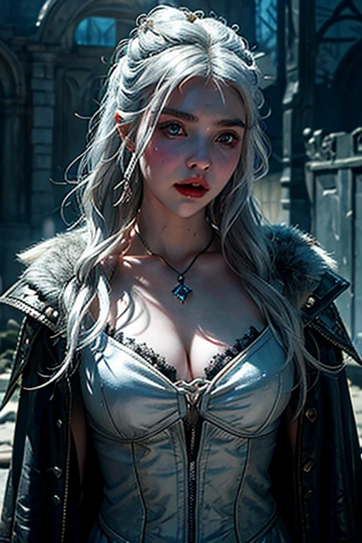 a woman with white hair and a silver jacket poses for a photo, digital art inspired by Louisa Matthíasdóttir, Reddit, fantasy art, Ciri from The Witcher, Anya Taylor - Joy vampire queen, from Witcher (2021), Anya Taylor - Joy, Anya Taylor-Joy, Daenerys, Emilia Clarke as a Greek goddess