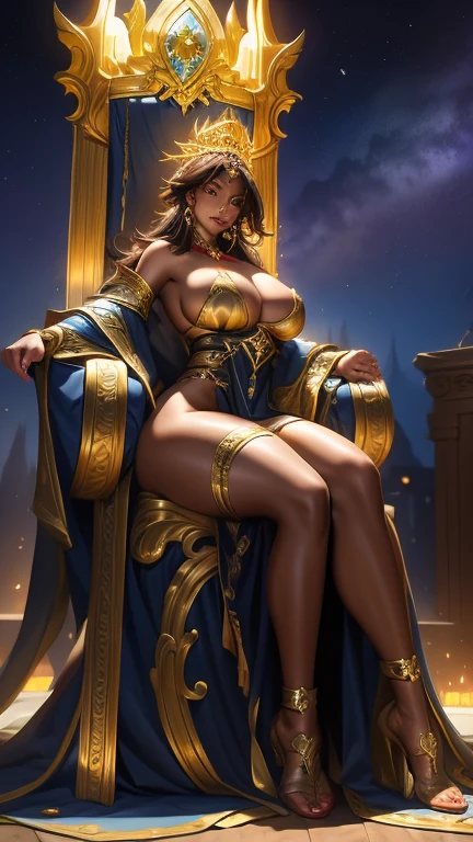 Ebony, queen, big breasts, Fat, warrior, -undress, nude, Sitting on the throne, 
 ANTIQUITY, full height, NSFW, NIGHT, hot