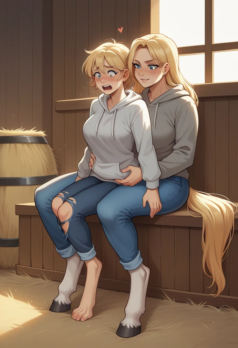 lap, looking horny, next to a horse,, horny expression, ( female girl turning into a female horse with white fur with gray spots), not too fat, digitigrade, female, clothes, breast, bust, wearing a grey hoodie and blue jeans , BREAK (by zackary911, by braeburned, by haps), (transformation:1.2), on knees, ripped clothes, (human face:1), longish blonde hair, fur, in a barn, next to a horse with the same fur, horse facial features,, BREAK