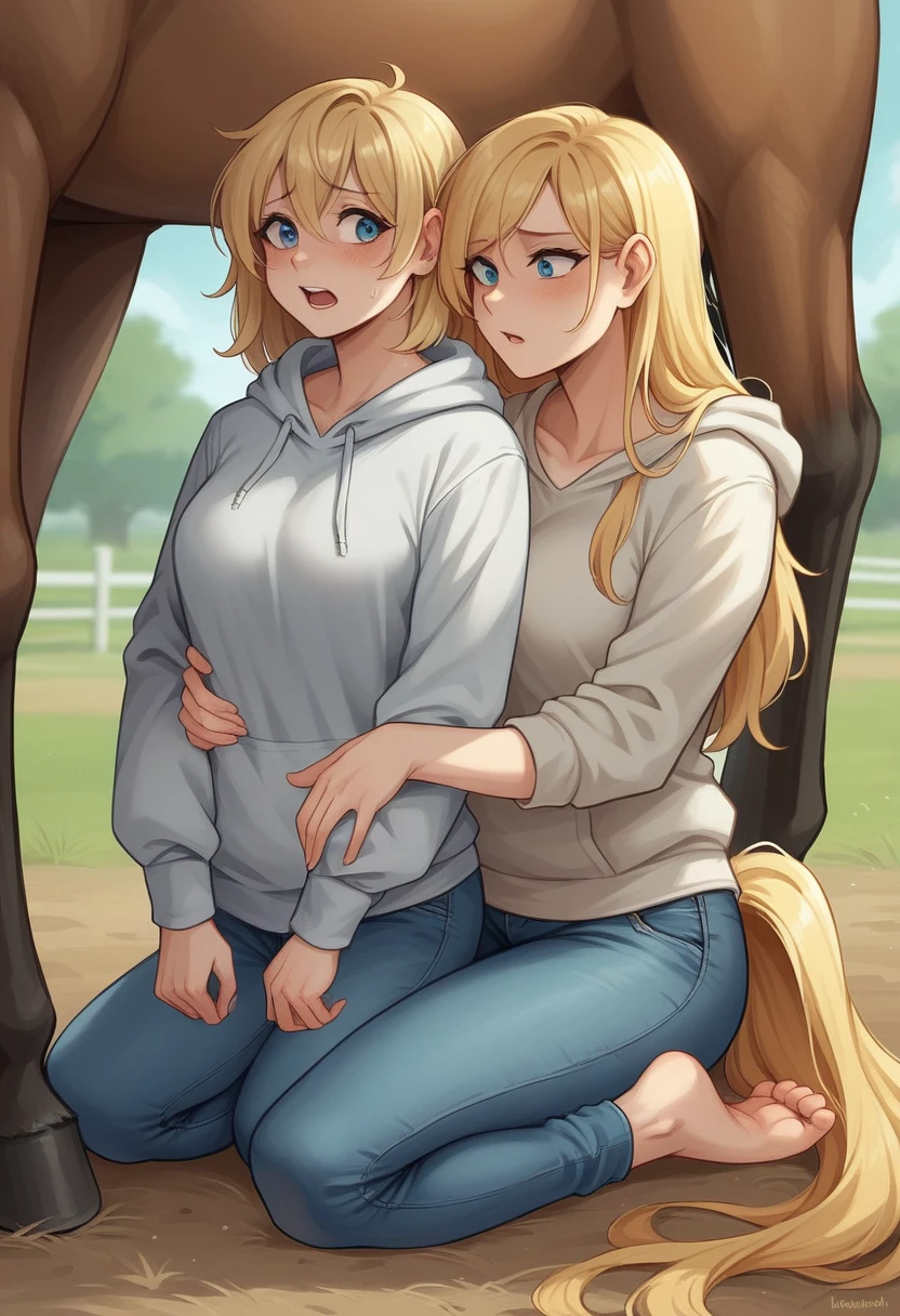 lap, looking horny, next to a horse,, horny expression, ( female girl turning into a female horse with white fur with gray spots), not too fat, digitigrade, female, clothes, breast, bust, wearing a grey hoodie and blue jeans , BREAK (by zackary911, by braeburned, by haps), (transformation:1.2), on knees, ripped clothes, (human face:1), longish blonde hair, fur, in a barn, next to a horse with the same fur, horse facial features,, BREAK
