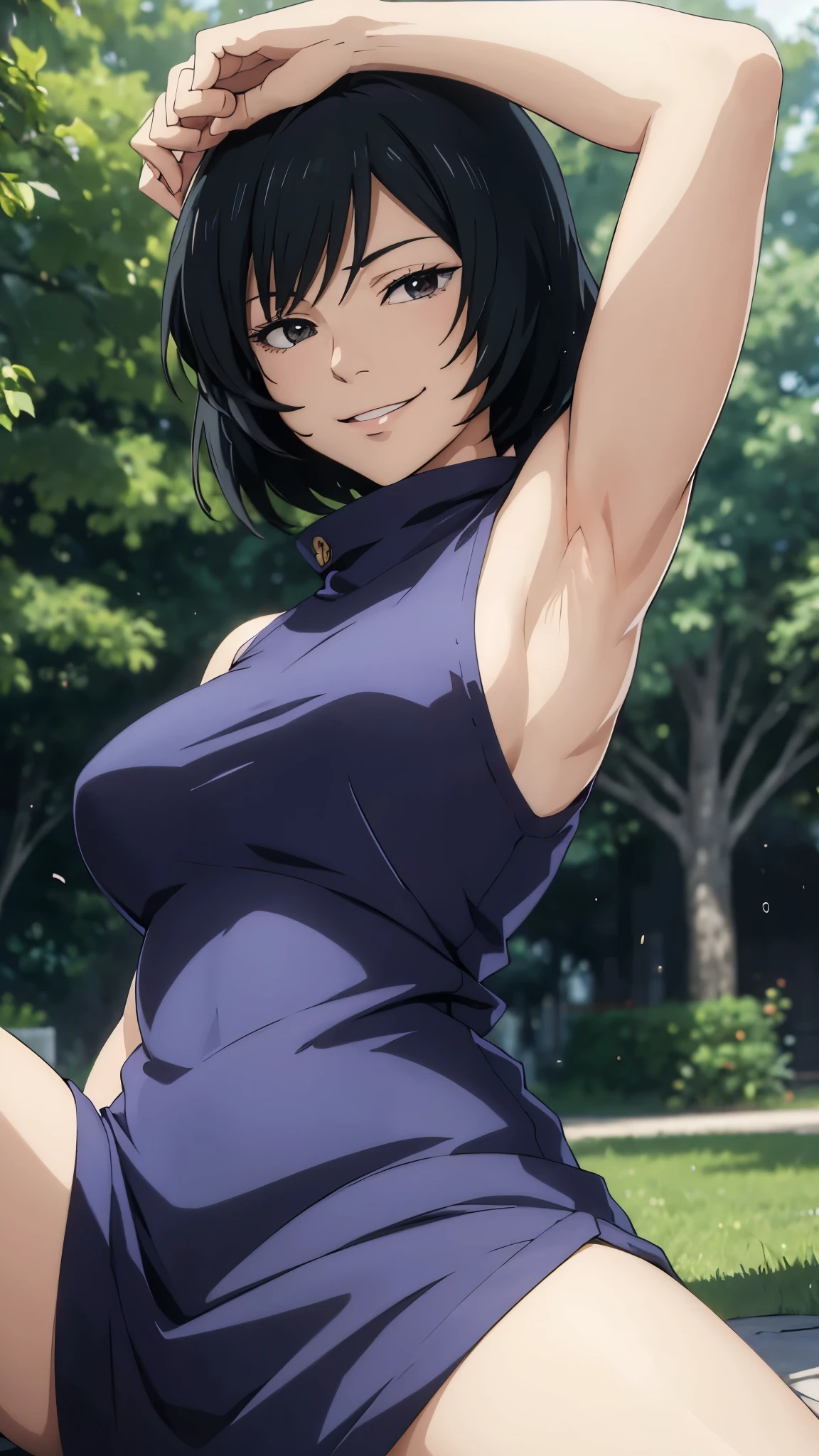 Mai, Portrait, masterpiece, 8k, ultra high quality, ultra realistic, ultra high definition, anime art, smiling, cute, seductive, armpits visible