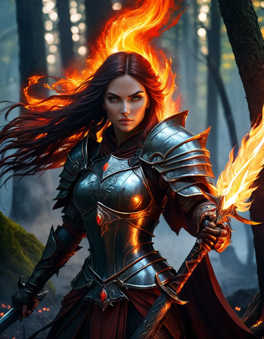 woman in armor with a sword and fire in her hand, she has fire powers, very beautiful berserk woman, epic fantasy art style, flame, witchcraft, armored, fire mage, epic fantasy character art, Ian J., epic fantasy art style hd, dark fantasy art, Evil fire sorceress in the forest, flame окружает ее, Epic fantasy style