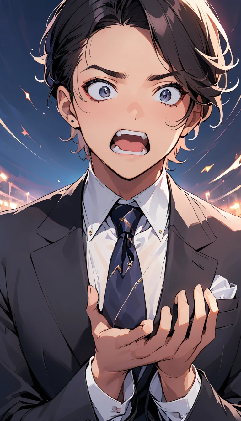A handsome man with short black hair is wearing a charcoal gray suit. He has his mouth wide open, showing a very surprised expression.