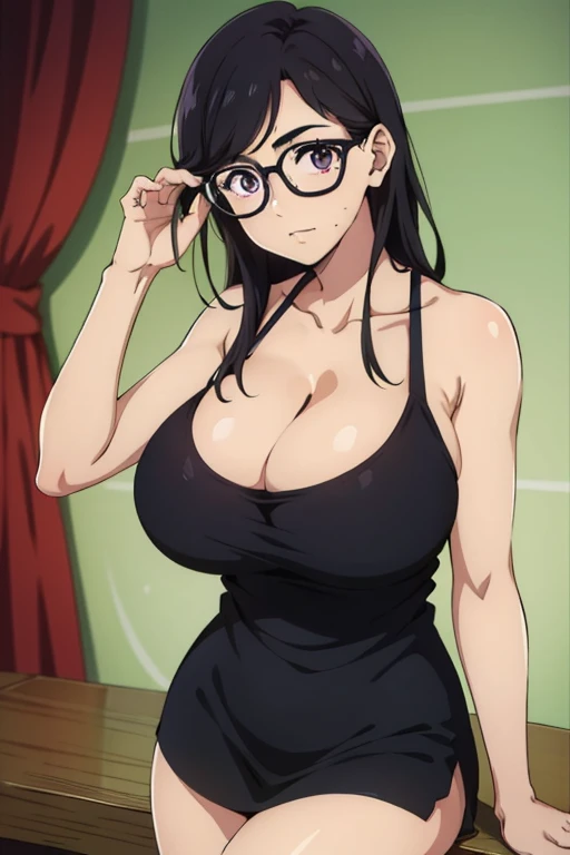 anime cels style, best quality, high resolution,1girl, minakatahizuru, (black hair:1.1), (purple eyes:0.7), (black-framed eyewear:1.3), huge breasts, cleavage, black tanktop