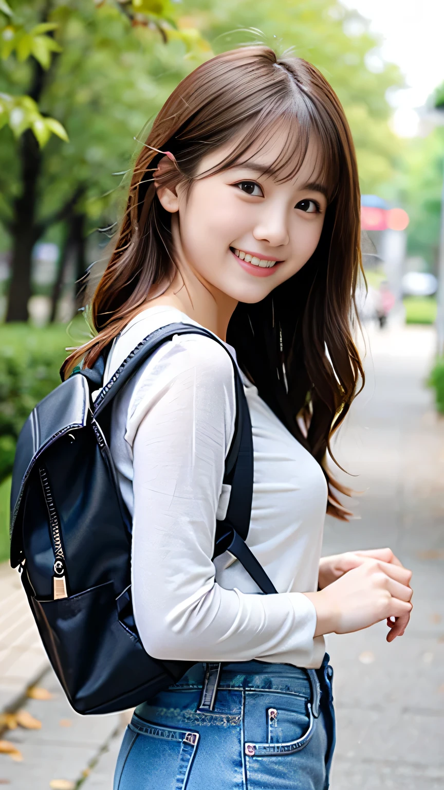 8K、Best image quality、smile、masterpiece、spring、Short strokes、Small breasts、A refreshing smile、Female college student、Dimples、New dresses for spring、Clear system、 to university、backsack