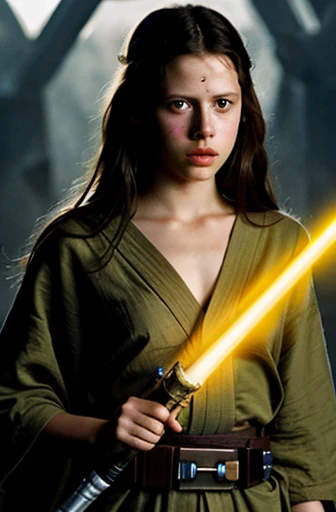 mia goth, twenty years, Jedi from Star Wars, a yellow lightsaber in his hand, He has a scar on his right cheek, serious look, Madurese way, face half dirty from a fight