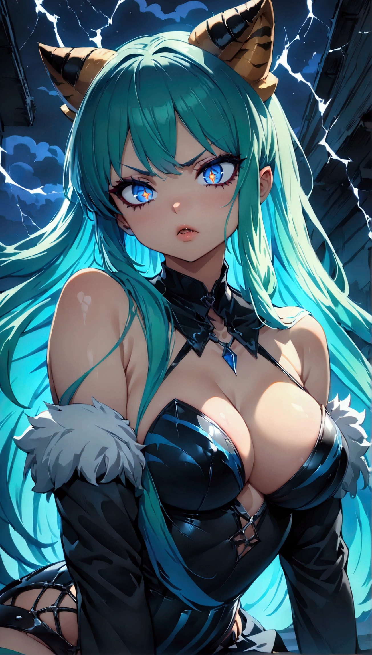 lum, 1girl, long hair, horns, (two-tone hair, green hair, aqua hair:1.1), bangs, blue eyes, eyeshadow, Solo, thick lineart, Diamond aura, symmetrical, slender, blue fingers with sparks and electricity, long tiger-stripped latex gloves, tiger-stripped thigh boots, tiger-stripped leather thigh boots, long legs, dominatrix pose, dark cosmic background, gothic ta dress, detmore, (masterpiece:1.4), (highest quality:1.2), (ultra detailed:1.3), High resolution, extremely detailed, unity 8k wallpaper, intricate details, absurdity, Sparkling, score_7_up, score_8_up, score_9_up, anime coloring, source_anime, скалит зубы, очень недовольная, JK, a ferocious angry girl, beautiful detailed eyes, beautiful detailed lips, extremely detailed eyes and face, long eyelashes, sharp teeth baring, dramatic angry expression, dark brooding atmosphere, dramatic lighting, dark fantasy, digital painting, cinematic, moody colors, rich textures, 8k, highres,