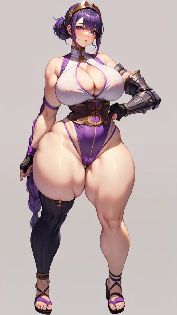 (masterpiece), best quality, female warrior, huge girl, female muscular:1.2, (curvy:1.7), (((blank background))), ((full body)), fingerless gloves, sandals, sleeveless, covered nipples, ((buzzcut hairstyle)), purple hair, hair over eyes, ((very big legs:1.4)), ((camel toe)), (cleavage)