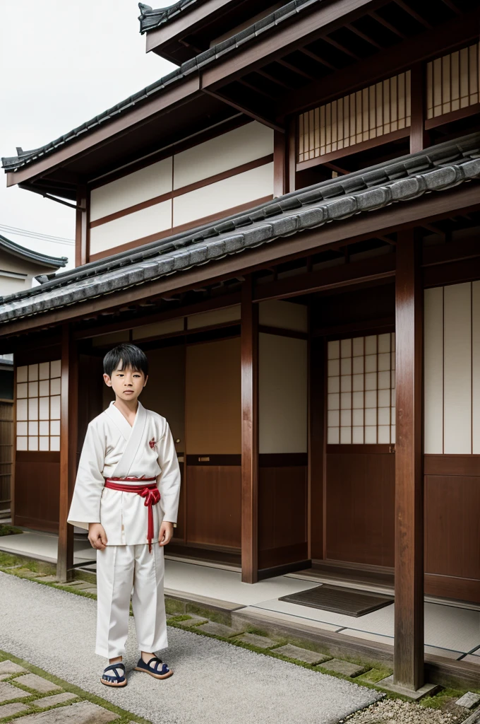 Generate an image of a young Japanese boy named Ikichi, wearing traditional clothing, standing outside a traditional Japanese house with a slightly eerie atmosphere."