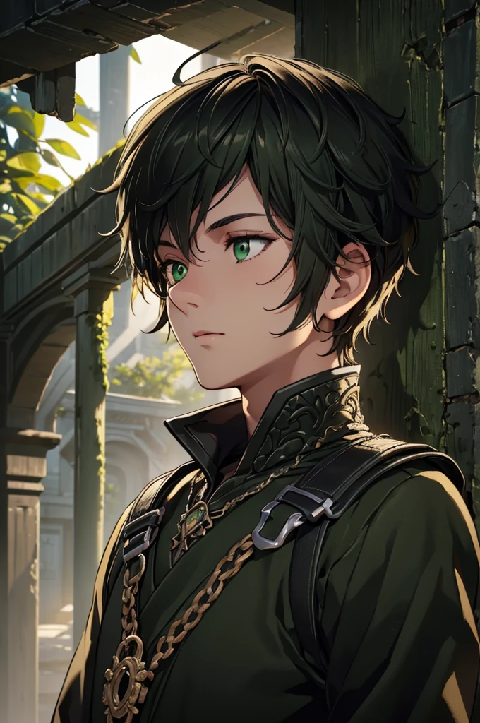 (Top quality details:1.22), 8K, High Resolution, Super detailed, High-quality texture, Intricate details, Detailed Texture, In detail, High detail, High Quality Shadows, Beautiful and kind eyes, Depth of written boundary, dark theme, 1boy, green eyes, black hair with green tips, adventuring gear, adult, male