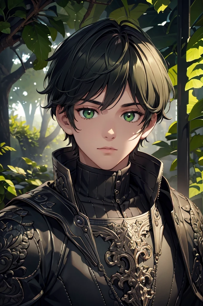 (Top quality details:1.22), 8K, High Resolution, Super detailed, High-quality texture, Intricate details, Detailed Texture, In detail, High detail, High Quality Shadows, Beautiful and kind eyes, Depth of written boundary, dark theme, 1boy, green eyes, black hair with green tips, adventuring gear, adult, male