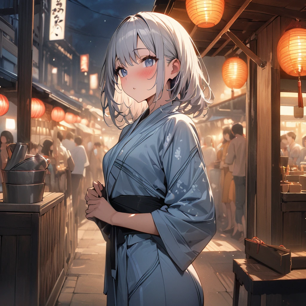 One girl、(((最high quality)), ((masterpiece)), (detailed), masterpiece, 最high quality, high quality, 超detailed, Perfect Face, ((One girl, blue eyes, Silver Bob Hair,))、Shiny Hair、Glowing Skin、blush、yukata、Sandals、Small Breast Summer、port、stall、firework