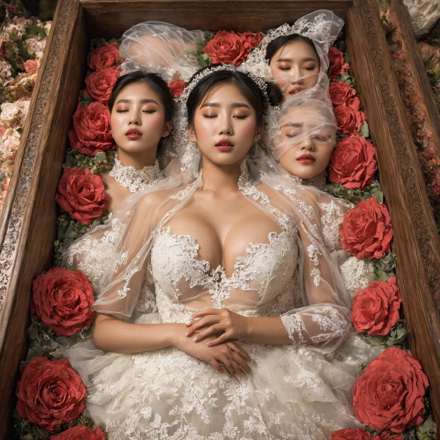 A provocative and sensual image unfolds before us. Two Korean girls, 22 years old, lie asleep in a deep, black coffin surrounded by plush pillows. They wear see-through wedding dresses with lace details, off-shoulder designs, sleeve, deep V-neckline and huge skirts that cascade around their bodies. The dresses are cut low to showcase their beautiful breasts, fixed with a subtle cleavage cutout. Their faces are flawless, with perfect eyebrows, eyelashes, and skin tone. One girl's hair is styled in a ponytail with bangs framing her face, while the other has a bun adorned with wisps of hair framing her closed eyes. The overall atmosphere is one of intimacy and sensuality, with saturated colors enhancing the mood. Note the visible breasts and perfectly manicured hands that peek out from beneath the skirts, which are strategically covered to conceal their legs, ba11g0wn 