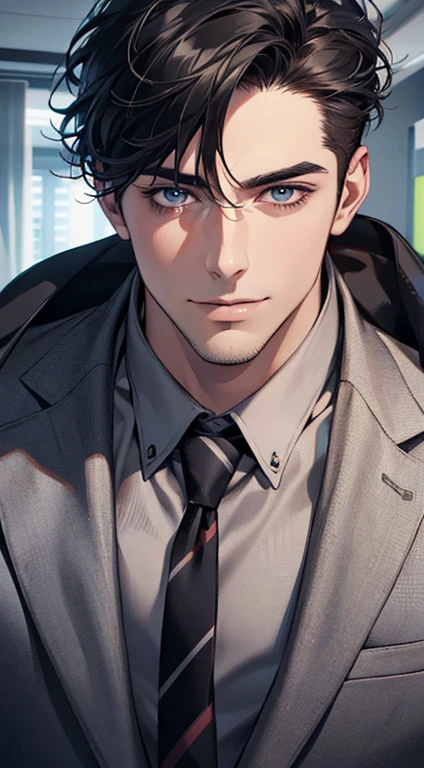 (best quality,4k,8k,highres,masterpiece:1.2),ultra-detailed,(realistic,photorealistic,photo-realistic:1.37),1 man,31 years old,mature man,very handsome,without expression,smile,short grey black hair,blue eyes,penetrating gaze,perfect face without errors,imposing posture,businessman,office background,cinematic lighting,hdr image